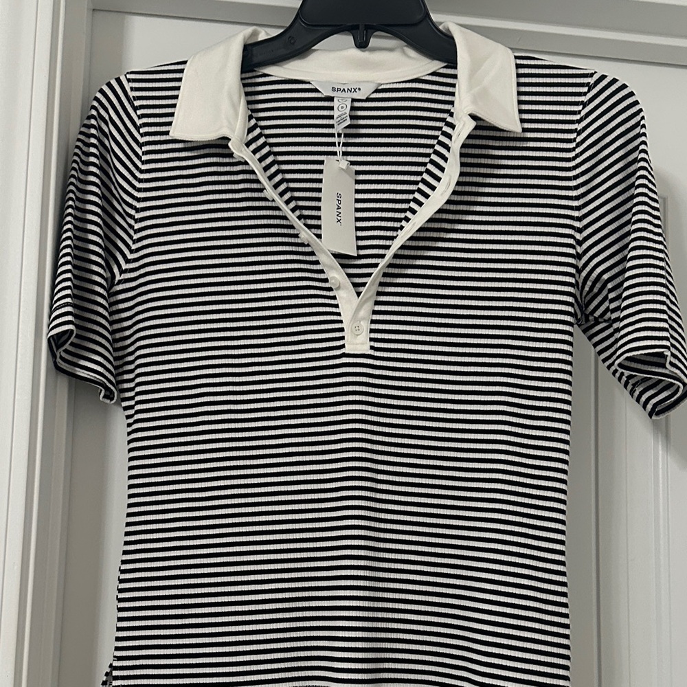 SPANX Black and White Striped Button Down Shirt Size L